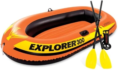 Лодка надувная Intex двухместная Explorer из винила 300 211х117 см с веслами и ручным насосом 2-х камерная Оранжевый (33-9-58332)