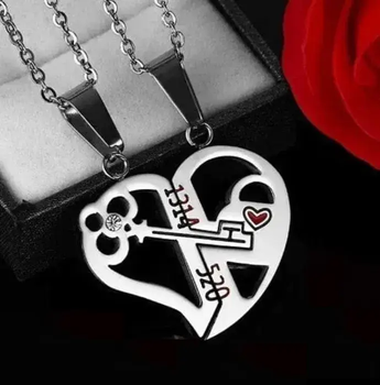 Парні підвіски для закоханих серце та ключик love 1314 520 дві половинки серця сріблясті