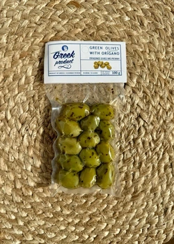Оливки зеленые с косточкой и травами Орегано Greek Product 100г