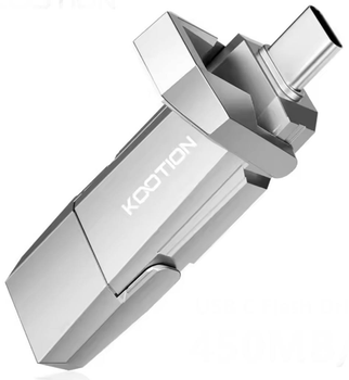 Внешний Твердотельный SSD накопитель KOOTION U54 2 в 1 USB 3.2 + Type-C для Windows Android OTG iPhone TC 15 16 Брелок Поворотный высокоскоростной 450Mb/с 512Gb Silver