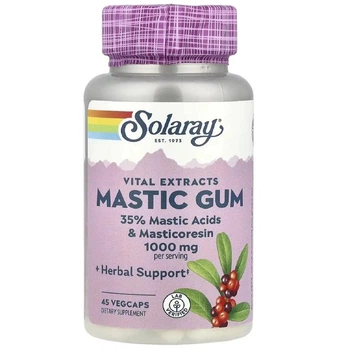 Смола мастикового дерева, екстракт, Mastic Gum, Solaray, 500 мг, 45 вегетаріанських капсул (SOR-03688)