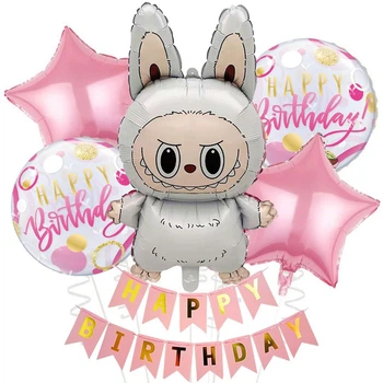 Фонтан из шаров Labubu Лабубу с флажками Happy Birthday
