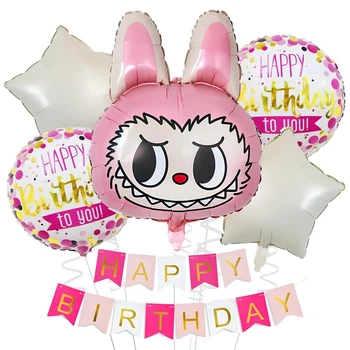 Фонтан Из Шаров Розовый Labubu Лабубу Голова С Флажками Happy Birthday