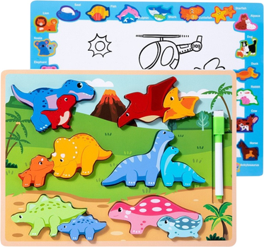 Układanka drewniana Lean Toys Dinozaury 2 w 1 z powierzchnią do rysowania 12 elementów (5905991039693)