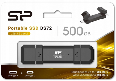 Внешний накопитель ssd, 500Gb, Silicon Power ds72, Black, Type-C / usb 3.2 (Gen 2), 1050 / 850 Мб/с (sp500gbuc3s72vpk)