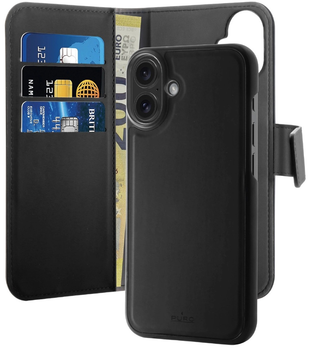 Etui z klapką Puro Wallet Detachable MagSafe 2w1 z portfelem do Apple iPhone 16 Plus Black (8018417485107)