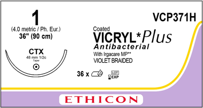 Викрил Ethicon Plus фиолетовый 90 см М4 USP1 одна игла СТХ Тип колючая Taper Point 48 мм 1/2 круга (VCP371H)
