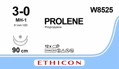 Пролен Ethicon синий 90 см M2 USP3/0 две иглы MH-1 Тип колючая Taper Point 31 мм 1/2 круга (W8525)