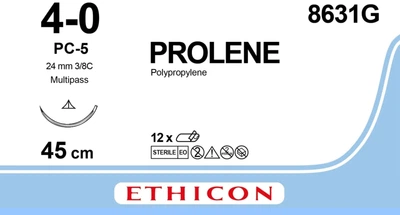 Пролен Ethicon синий 45 см M1.5 USP4/0 одна игла PC-5 Prime Тип режущая игла 19 мм Prime 3/8 круга (8631G)