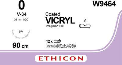 Викрил Ethicon фиолетовый 90 см M3.5 USP0 одна игла V-34 Тип колюще-режущая Tapercut 36 мм 1/2 круга (W9464)