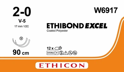 Етібонд Ексель Ethicon білий 90 см M3 USP2/0 дві голки V-5 Тип колючо-ріжуча голки 17 мм 1/2 кола (W6917)