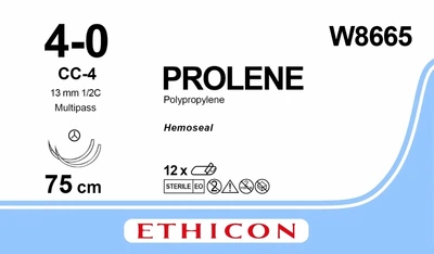 Пролен Ethicon синий 75 см M1.5 USP4/0 две иглы CC-4 Тип колюще-режущая Tapercut 13 мм 1/2 круга (W8665)