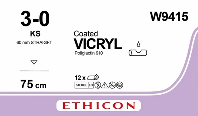 Викрил Ethicon фиолетовый 75 см M2 USP3/0 одна игла KS Тип прямая режущая 60 мм прямая (W9415)