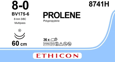 Пролен Ethicon синий 60 см M0.4 USP8/0 две иглы BV175-6 MP Тип колющая Taper Point 8 мм 3/8 круга (8741H)