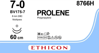 Пролен Ethicon синий 60 см M0.5 USP7/0 две иглы BV175-7 MP Тип колючая Taper Point 8 мм 3/8 круга (8766H)