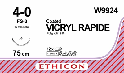 Викрил Ethicon Rapide неокрашенный 75 см M1.5 USP4/0 одна игла FS-3 Тип обратно-режущая 16 мм 3/8 круга (W9924)