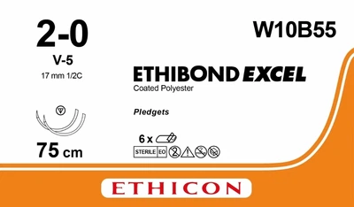 Этибонд Эксель Ethicon BIC 10х75 см M3 USP2/0 две иглы V-5 TFE Polymer Pledget 17 мм 1/2 круга (W10B55)