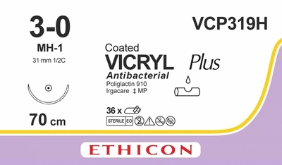 Викрил Ethicon Plus фиолетовый 70 см М2 USP3/0 одна игла МН-1 Тип колющая Taper Point 31 мм 1/2 круга (VCP319H)