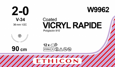 Викрил Ethicon Rapide неокрашенный 90 см М3 USP2/0 одна игла V-34 Тип колюще-режущая 36 мм 1/2 круга (W9962)