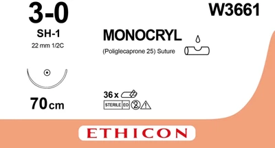 Монокрил Ethicon фиолетовый 70 см M2 USP3/0 одна игла SH-1 Тип колющая Taper Point 22 мм 1/2 круга (W3661)