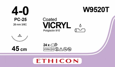 Вікрил Ethicon непофарбований 45 см M1.5 USP4/0 одна голка PC-25 Prime Тип зворотньо-ріжуча 26 мм Prime 3/8 кола (W9520T)