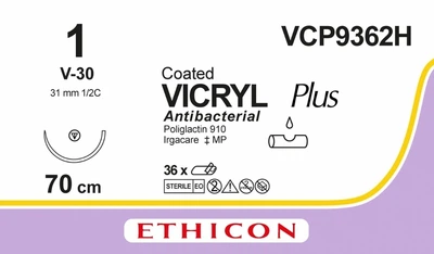 Викрил Ethicon Plus фиолетовый 70 см М4 USP1 одна игла V-30 Тип колюче-режущая Tapercut 31 мм 1/2 круга (VCP9362H)