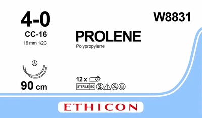 Пролен Ethicon синий 90 см M1.5 USP4/0 две иглы CC-16 Тип колюще-режущая Tapercut 16 мм 1/2 круга (W8831)