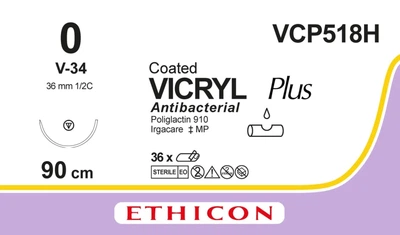 Викрил Ethicon Plus фиолетовый 90 см M3.5 USP0 одна игла V-34 Тип колюче-режущая Tapercut 36 мм 1/2 круга (VCP518H)