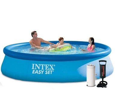 Надувной бассейн Intex 28143-4 круглый из ПВХ с фильтр-насосом 3785 л/ч подстилкой тентом и насосом 396х84 см Синий (127-9-28143-4)