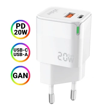 Быстрая зарядка для телефона айфона 20 W сетевое мощное зарядное устройство адаптер блок питания с быстрой зарядкой GAN технологией PD_20W / QC3.0_18W зарядник на смартфон 2 порта usb type-c WALKER WH-42 белый зарядники для телефонов