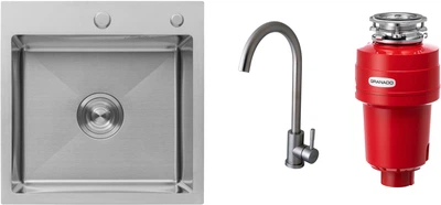 Кухонная мойка Kroner (KRP) Gebürstet-5050HM D3.0-1.0T215 с сушилкой для посуды + смеситель кухонный Globus Lux SUS-203S + измельчитель пищевых отходов Granado Algar 750 Silence+