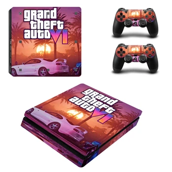 Виниловые наклейки Grand Theft Auto (GTA 6) на игровую консоль PS4 Slim + геймпад Dualshock 4 + боковые стороны Sony PlayStation 4 Slim / Skin