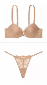 Комплект Victoria's Secret Rose Lace Push up Bra and Twinkle Strap Lave V-String Panty бежевый размер 34A-S