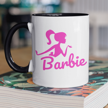 Кружка на подарок керамическая с принтом "Barbie" 330 мл, белая с черной ручкой