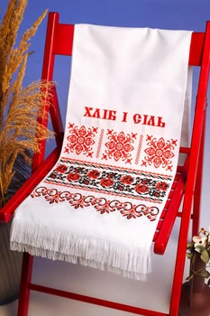 Вышитое полотенце Barvy орнамент хлеб-соль красно-черный 32см на 210см белое