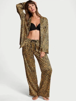 Жіноча піжама (штани + сорочка) Victoria's Secret (5951666941) Glazed Satin XS чорна (леопардовий принт)