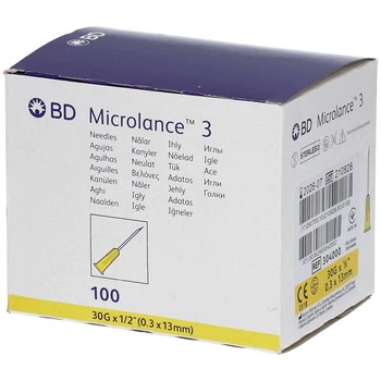 Игла с креплением Luer-Lock для мезотерапии | карбокситерапии BD Microlance 30G х 1/2 (0,3х13 мм), 100 шт.