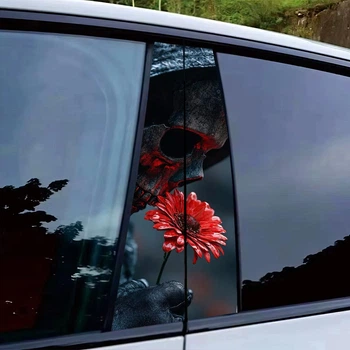 Наклейка на стойку авто 2шт - Скелет с герберой
