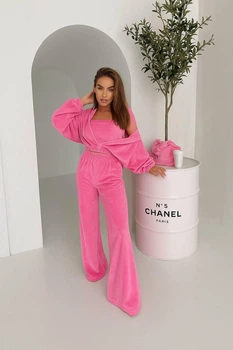 Велюровый костюм тройка с топом и широкими штанами Розовый L-XL