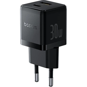 Адаптер мережевий Baseus Palm Fast Charger |1USB/1Type-C, 30W/3A, PD/QC| Black