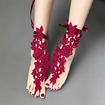 Женские Кружевные Чулки Бордовые С Цветочным Узором XS/S (359508)