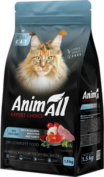 Повнораціонний сухий корм AnimAll для котів з лососем білою рибою та свіжою індичкою 1.5 кг (178601)