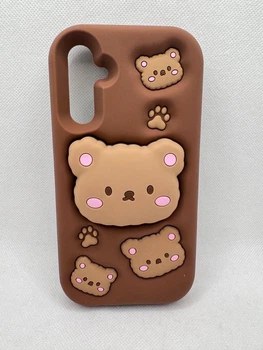 Детский резиновый чехол Bear для Samsung Galaxy A15 с подставкой держателем Коричневый