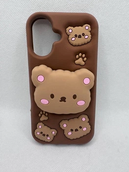 Детский резиновый чехол Bear для Apple iPhone 16 с подставкой держателем Коричневый