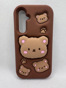 Детский резиновый чехол Bear для Samsung Galaxy A35 с подставкой держателем Коричневый
