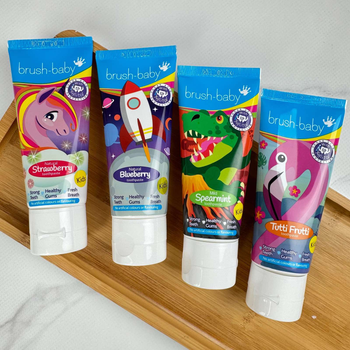 Детские зубные пасты Brush-Baby от 3 лет (ракета,единорожка, фламинго, динозавр), 4 шт по 50 мл
