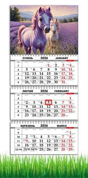 Календар настінний квартальний на 2026 рік на три пружини , Apriori, рік Коня, Кінь, символ року Кінь,Horses , 29,7х61см , 16 вид
