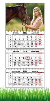 Календар настінний квартальний на 2026 рік на три пружини , Apriori, рік Коня, Кінь, символ року Кінь,Horses , 29,7х61см , 9 вид