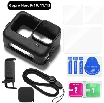 Силіконовий чохол для GoPro Hero 9 10 11 12 + ремінець + кришка + скло чорний (GO-0003)