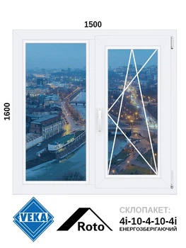 1500*1600, окно металлопластиковое, Veka WHS60 / Roto / 4i-10-4-10-4i, VEKA